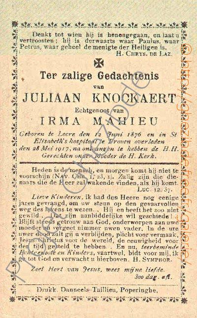 Juliaan KNOCKAERT echtgenoot van Irma MAHIEU, overleden te Proven, den 28 Mei 1917 (40 jaar).